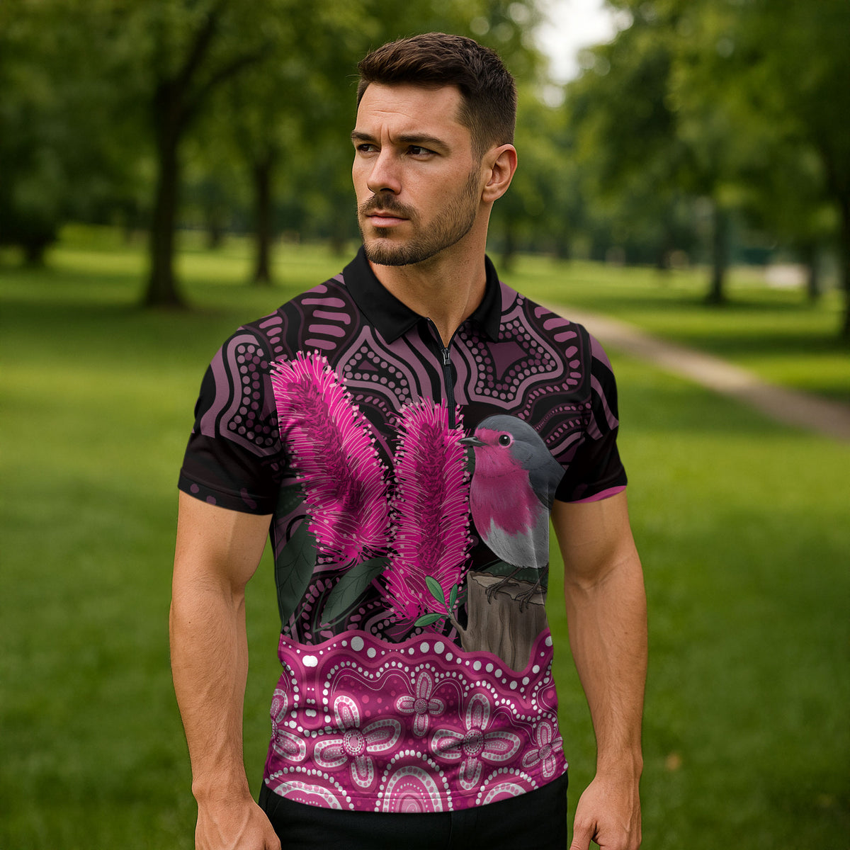 Australia Indigenous Zipper Polo Shirt Breast Cancer Pink Robin Bottlebrush Aboriginal Art