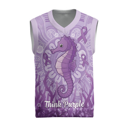 Australia Epilepsy Support Christmas Knitted V-Neck Vest Seahorse Think Purple Ribbon Aboriginal