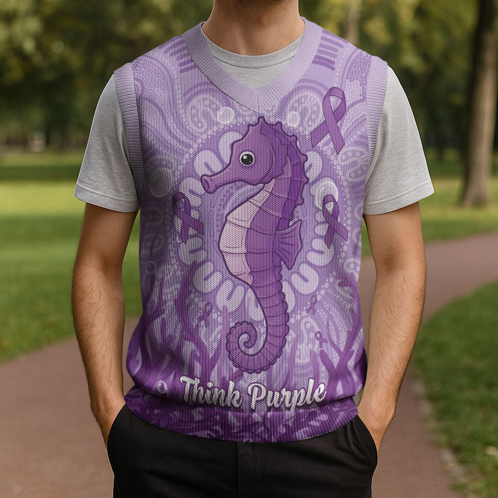 Australia Epilepsy Support Christmas Knitted V-Neck Vest Seahorse Think Purple Ribbon Aboriginal
