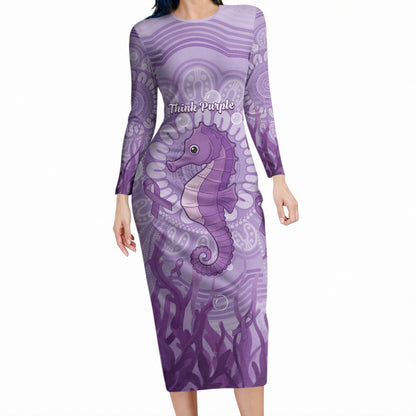 Australia Epilepsy Support Long Sleeve Bodycon Dress Seahorse Think Purple Ribbon Aboriginal