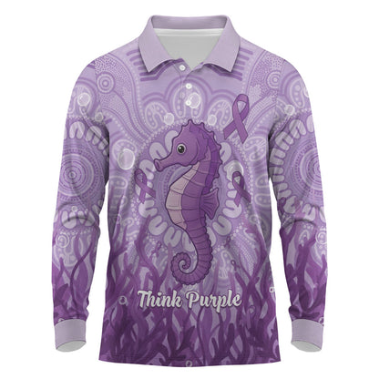 Australia Epilepsy Support Long Sleeve Polo Shirt Seahorse Think Purple Ribbon Aboriginal