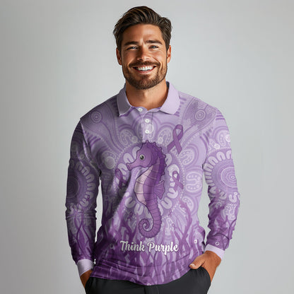 Australia Epilepsy Support Long Sleeve Polo Shirt Seahorse Think Purple Ribbon Aboriginal