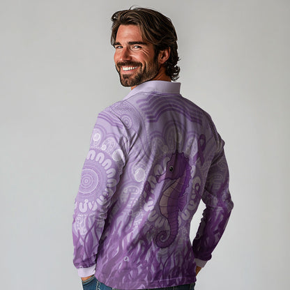 Australia Epilepsy Support Long Sleeve Polo Shirt Seahorse Think Purple Ribbon Aboriginal