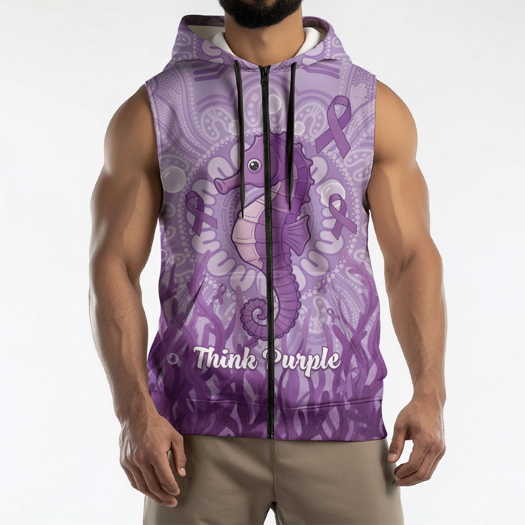 Australia Epilepsy Support Sleeveless Zip Hoodie Seahorse Think Purple Ribbon Aboriginal