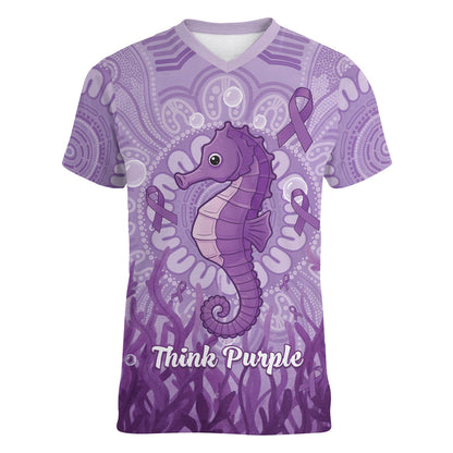 Australia Epilepsy Support Women V-Neck T-Shirt Seahorse Think Purple Ribbon Aboriginal