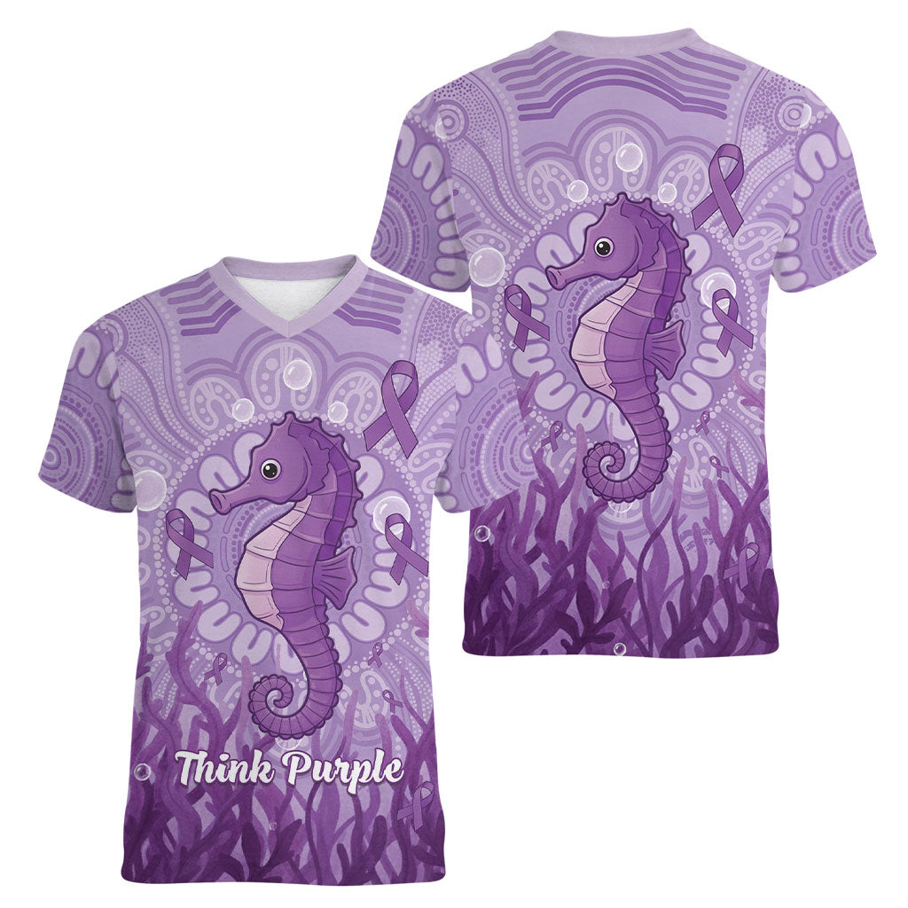 Australia Epilepsy Support Women V-Neck T-Shirt Seahorse Think Purple Ribbon Aboriginal