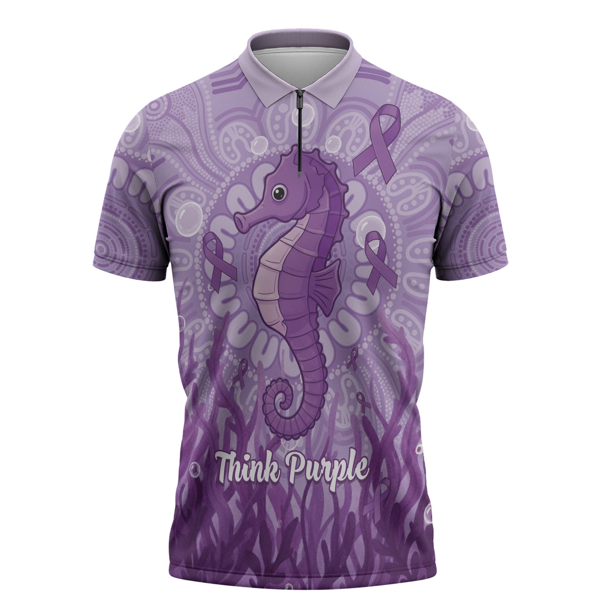 Australia Epilepsy Support Zipper Polo Shirt Seahorse Think Purple Ribbon Aboriginal