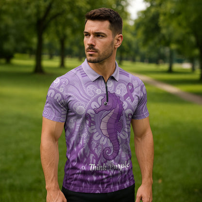 Australia Epilepsy Support Zipper Polo Shirt Seahorse Think Purple Ribbon Aboriginal