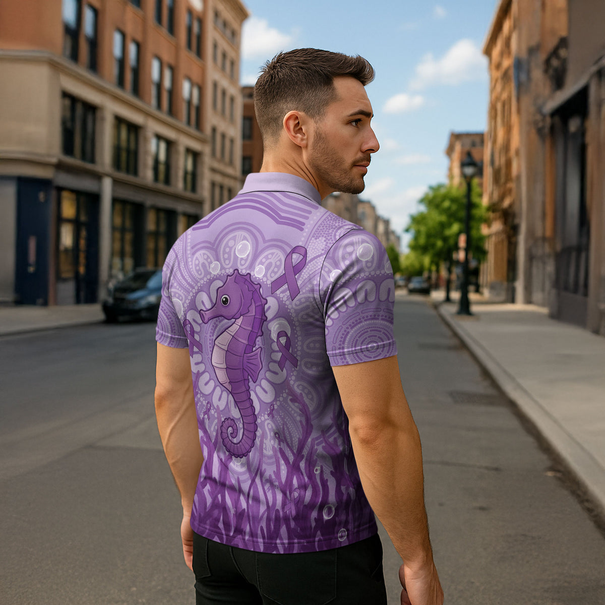 Australia Epilepsy Support Zipper Polo Shirt Seahorse Think Purple Ribbon Aboriginal