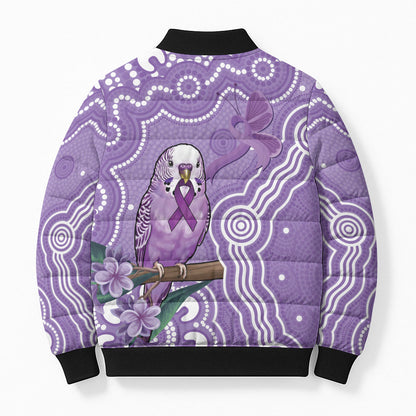 Australia Epilepsy Support Bomber Puffer Jacket Purple Budgerigar Plumeria Aboriginal
