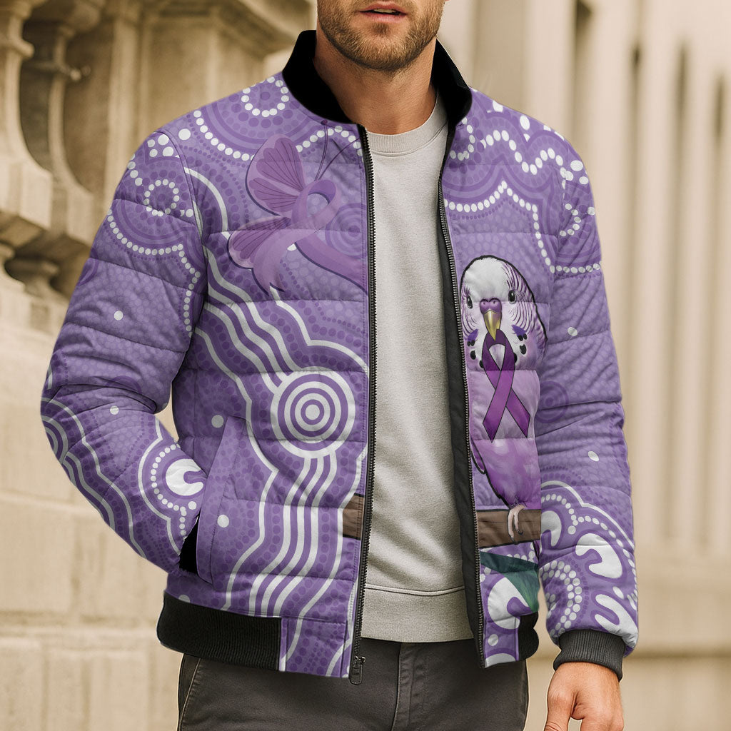 Australia Epilepsy Support Bomber Puffer Jacket Purple Budgerigar Plumeria Aboriginal