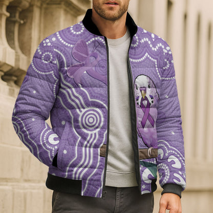 Australia Epilepsy Support Bomber Puffer Jacket Purple Budgerigar Plumeria Aboriginal