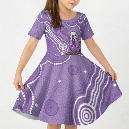 Australia Epilepsy Support Kid Short Sleeve Dress Purple Budgerigar Plumeria Aboriginal