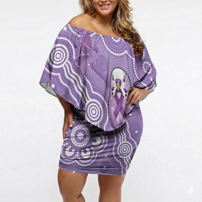 Australia Epilepsy Support Off Shoulder Short Dress Purple Budgerigar Plumeria Aboriginal