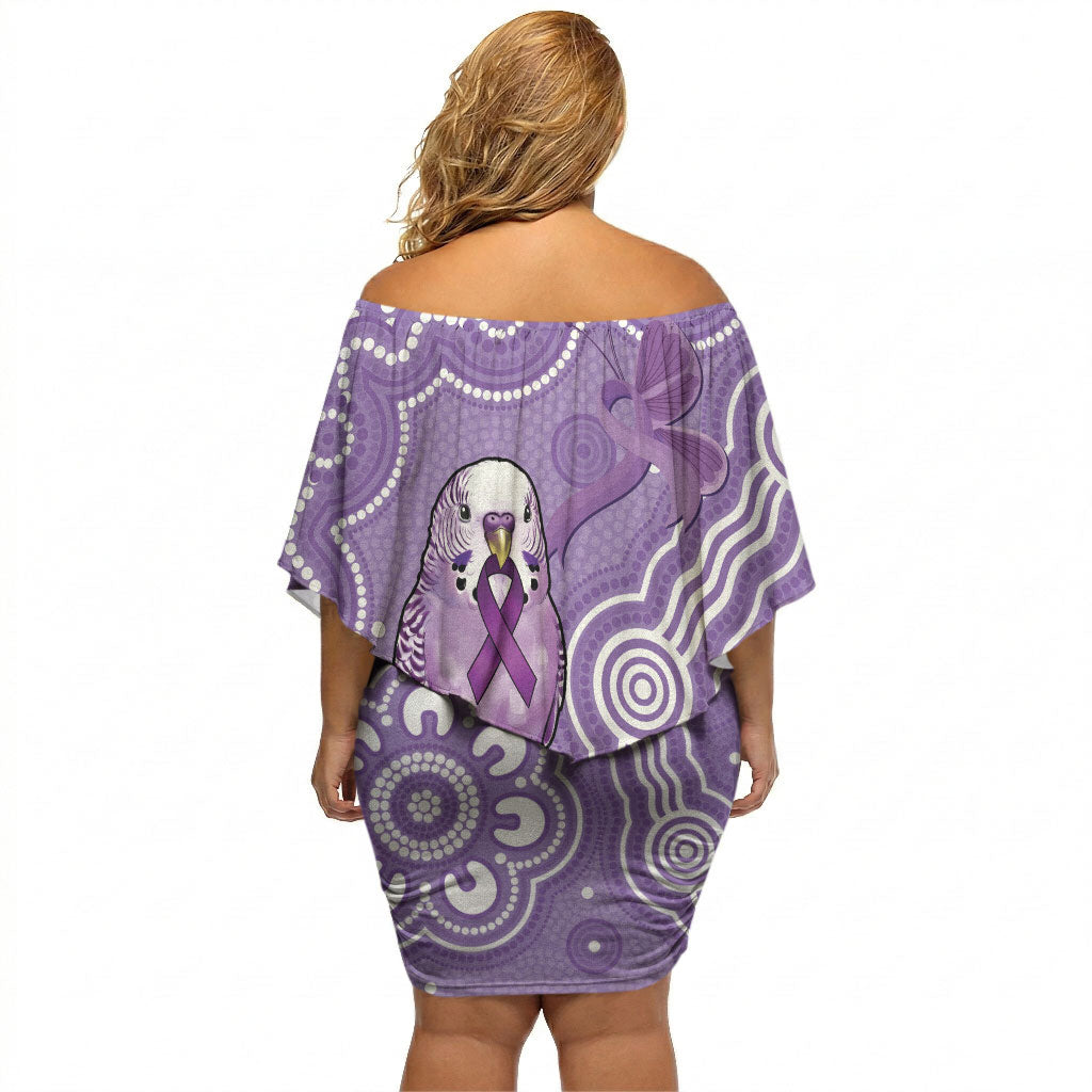 Australia Epilepsy Support Off Shoulder Short Dress Purple Budgerigar Plumeria Aboriginal