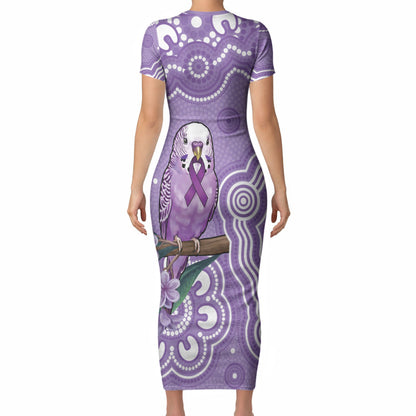 Australia Epilepsy Support Short Sleeve Bodycon Dress Purple Budgerigar Plumeria Aboriginal