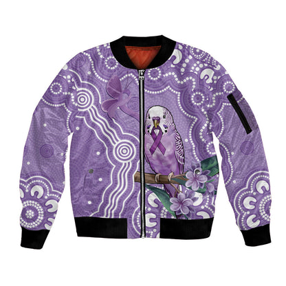 Australia Epilepsy Support Sleeve Zip Bomber Jacket Purple Budgerigar Plumeria Aboriginal