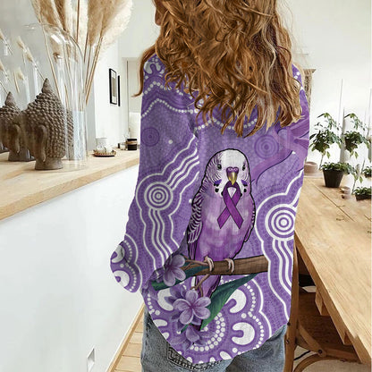 Australia Epilepsy Support Women Casual Shirt Purple Budgerigar Plumeria Aboriginal