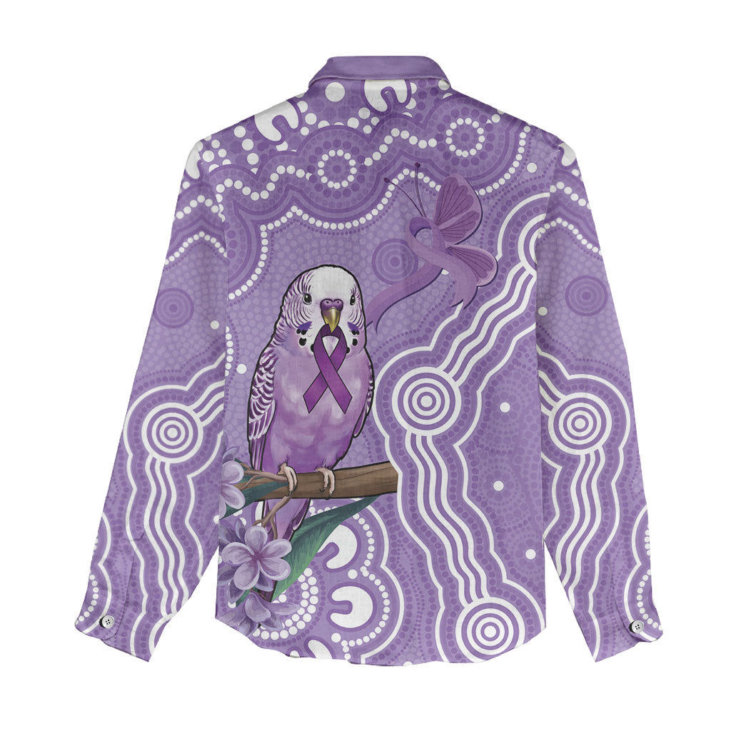 Australia Epilepsy Support Women Casual Shirt Purple Budgerigar Plumeria Aboriginal