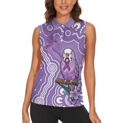 Australia Epilepsy Support Women Sleeveless Polo Shirt Purple Budgerigar Plumeria Aboriginal