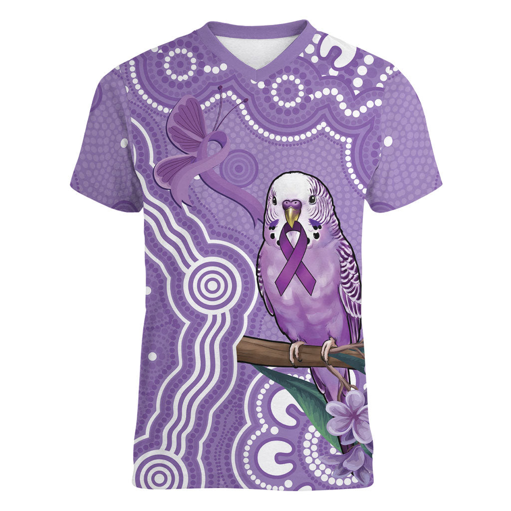 Australia Epilepsy Support Women V-Neck T-Shirt Purple Budgerigar Plumeria Aboriginal