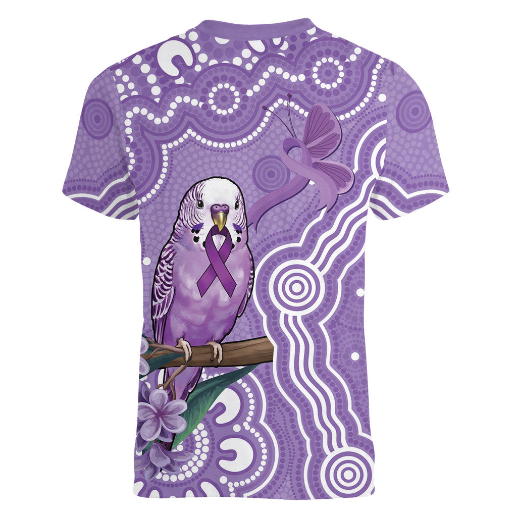 Australia Epilepsy Support Women V-Neck T-Shirt Purple Budgerigar Plumeria Aboriginal