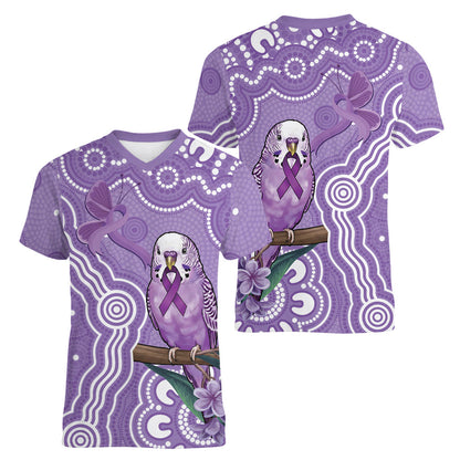 Australia Epilepsy Support Women V-Neck T-Shirt Purple Budgerigar Plumeria Aboriginal