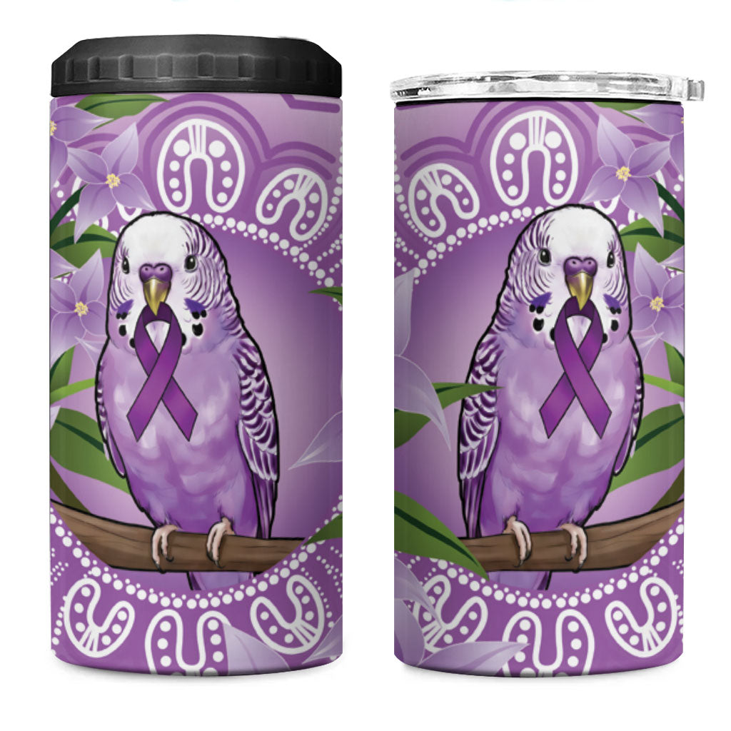 Epilepsy Support Budgerigar Australia 4 in 1 Can Cooler Tumbler Budgie Purple Ribbon Boronia Aboriginal
