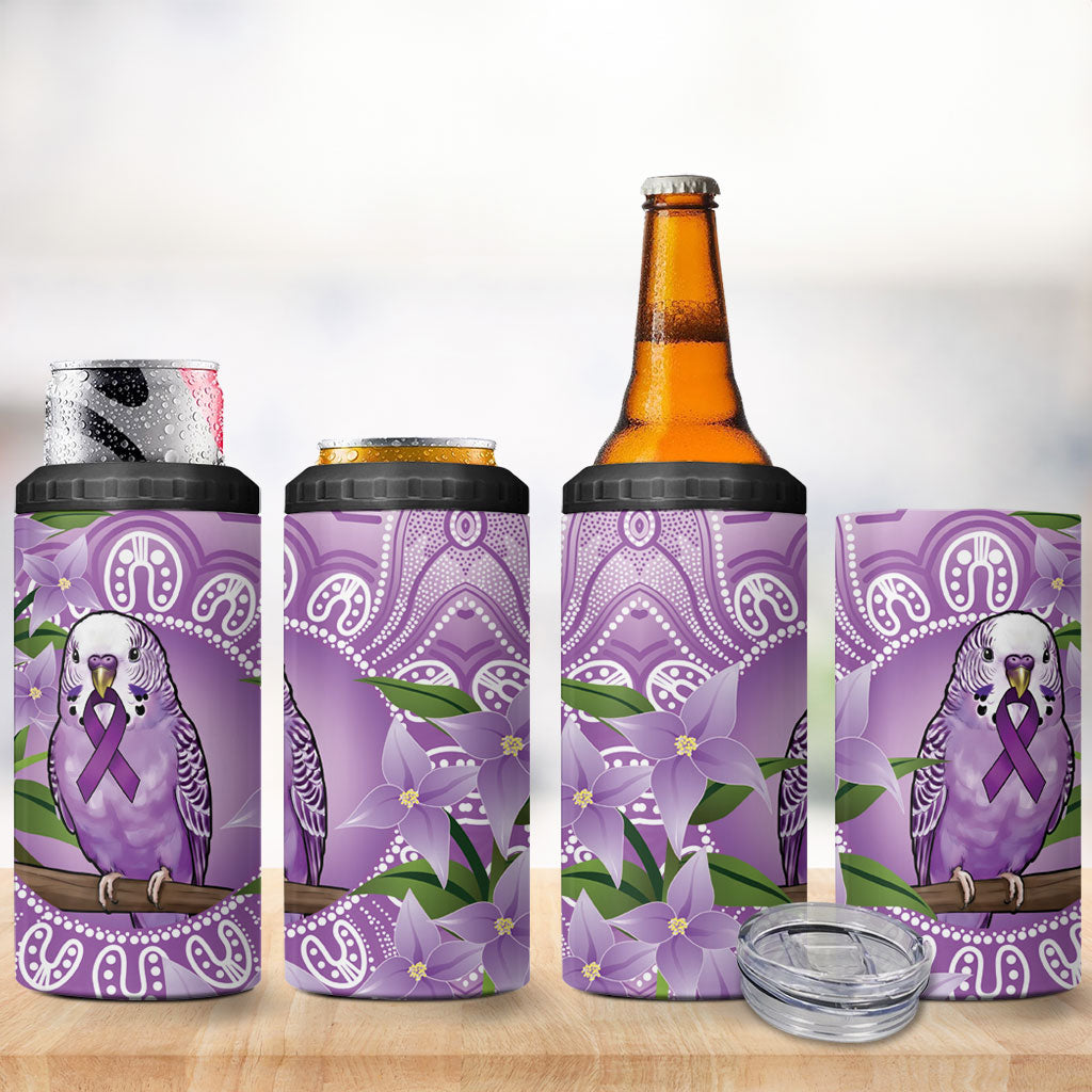 Epilepsy Support Budgerigar Australia 4 in 1 Can Cooler Tumbler Budgie Purple Ribbon Boronia Aboriginal