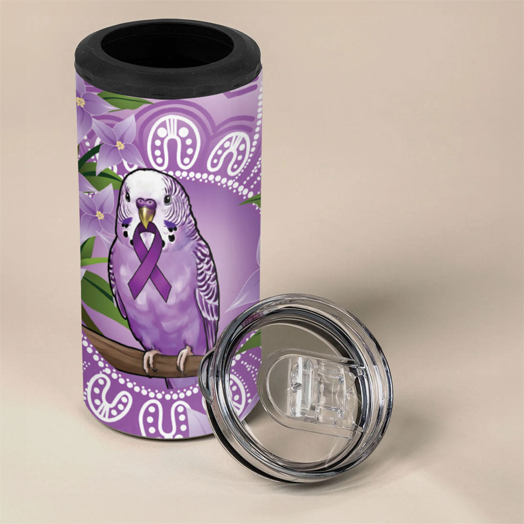 Epilepsy Support Budgerigar Australia 4 in 1 Can Cooler Tumbler Budgie Purple Ribbon Boronia Aboriginal