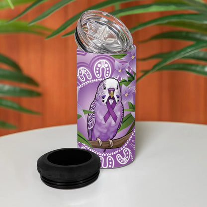 Epilepsy Support Budgerigar Australia 4 in 1 Can Cooler Tumbler Budgie Purple Ribbon Boronia Aboriginal