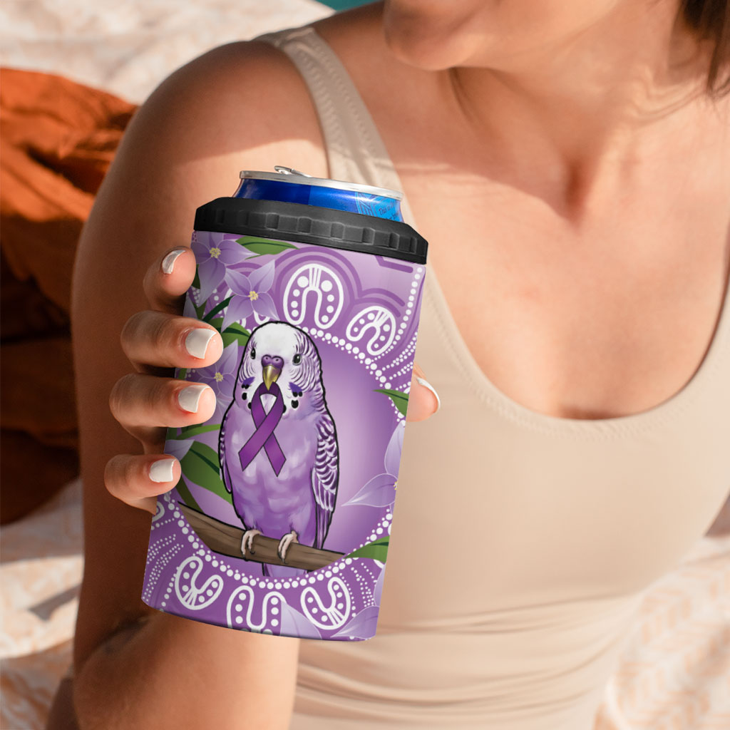 Epilepsy Support Budgerigar Australia 4 in 1 Can Cooler Tumbler Budgie Purple Ribbon Boronia Aboriginal