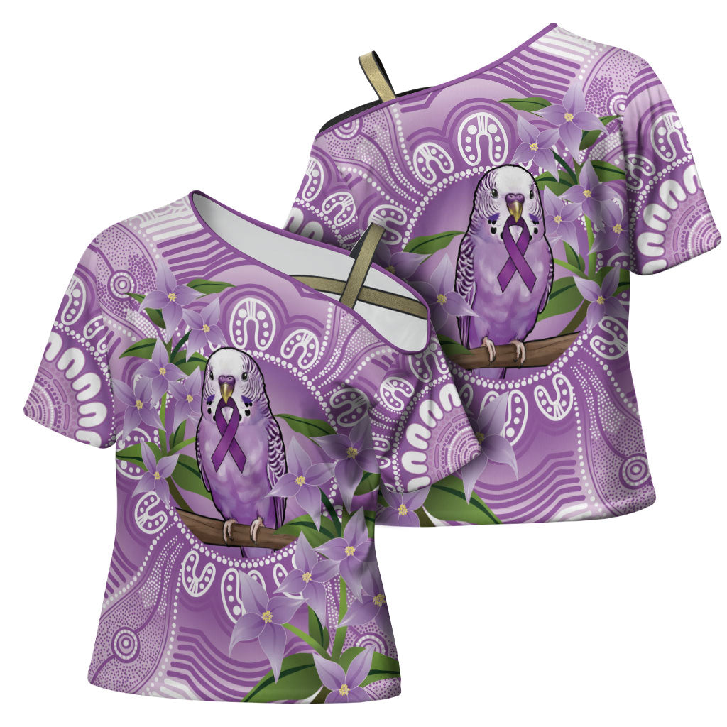 Epilepsy Support Budgerigar Australia Cross Shoulder Shirt Budgie Purple Ribbon Boronia Aboriginal