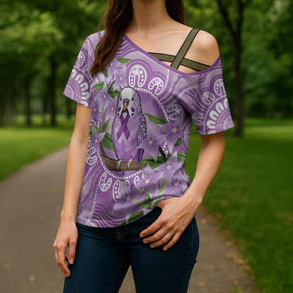 Epilepsy Support Budgerigar Australia Cross Shoulder Shirt Budgie Purple Ribbon Boronia Aboriginal