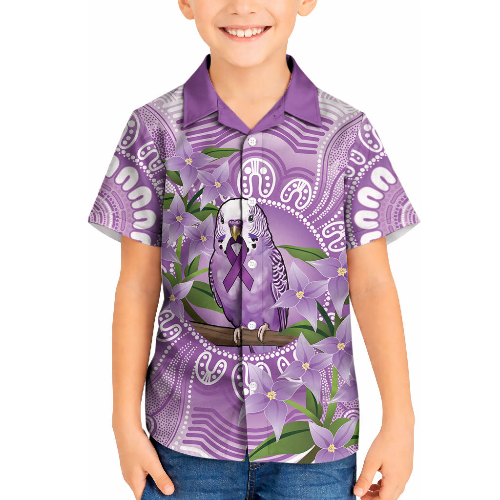 Epilepsy Support Budgerigar Australia Kid Hawaiian Shirt Budgie Purple Ribbon Boronia Aboriginal