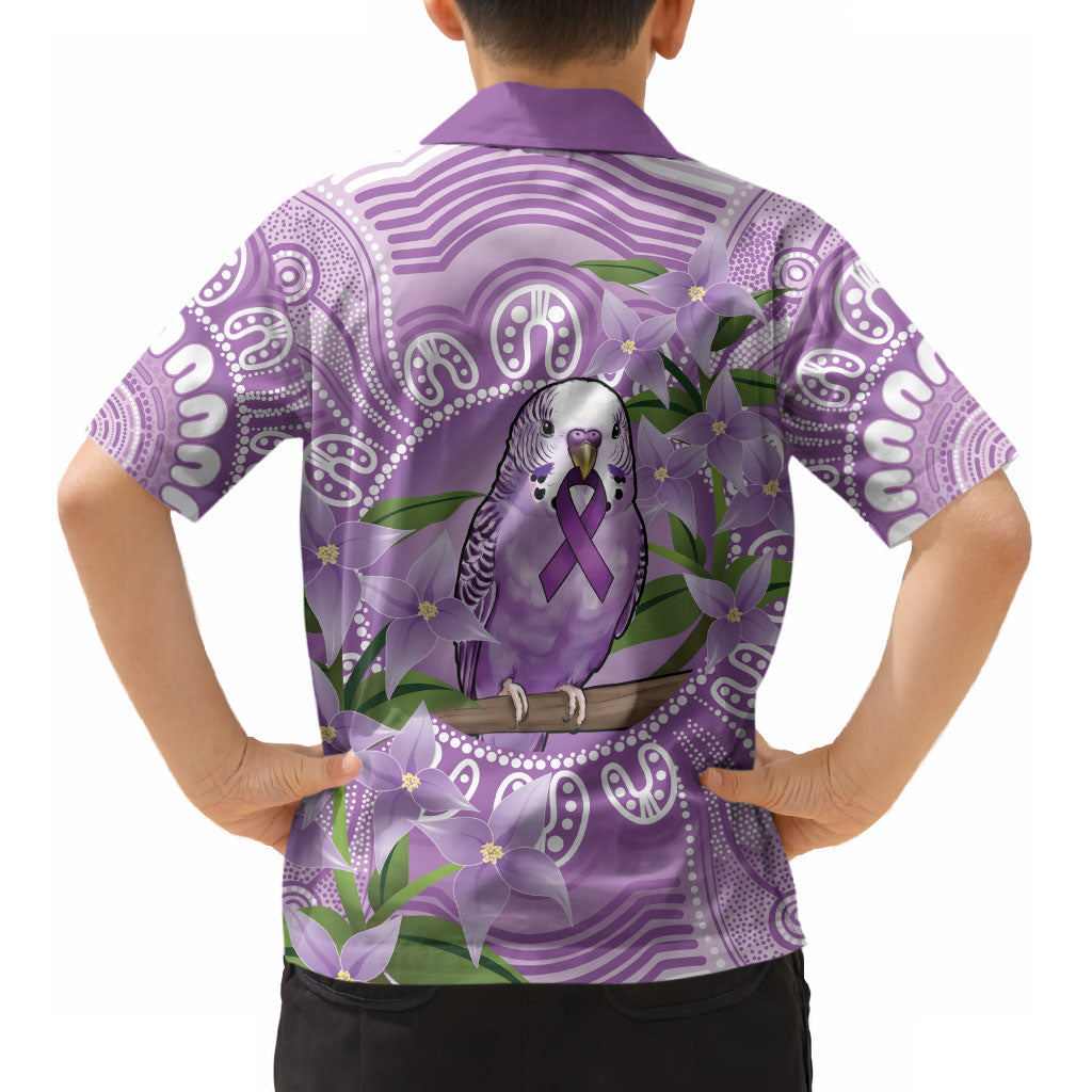 Epilepsy Support Budgerigar Australia Kid Hawaiian Shirt Budgie Purple Ribbon Boronia Aboriginal