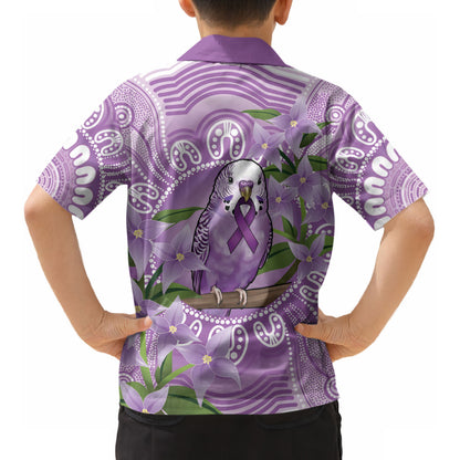 Epilepsy Support Budgerigar Australia Kid Hawaiian Shirt Budgie Purple Ribbon Boronia Aboriginal