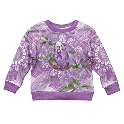 Epilepsy Support Budgerigar Australia Kid Ugly Christmas Sweater Budgie Purple Ribbon Boronia Aboriginal