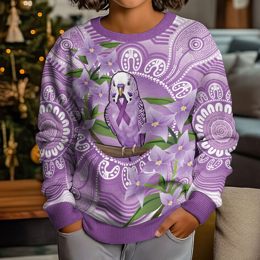 Epilepsy Support Budgerigar Australia Kid Ugly Christmas Sweater Budgie Purple Ribbon Boronia Aboriginal