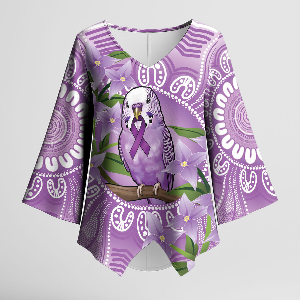 Epilepsy Support Budgerigar Australia Kimono Sleeve Blouse Budgie Purple Ribbon Boronia Aboriginal