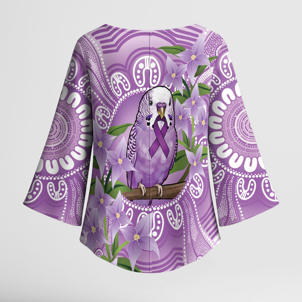 Epilepsy Support Budgerigar Australia Kimono Sleeve Blouse Budgie Purple Ribbon Boronia Aboriginal