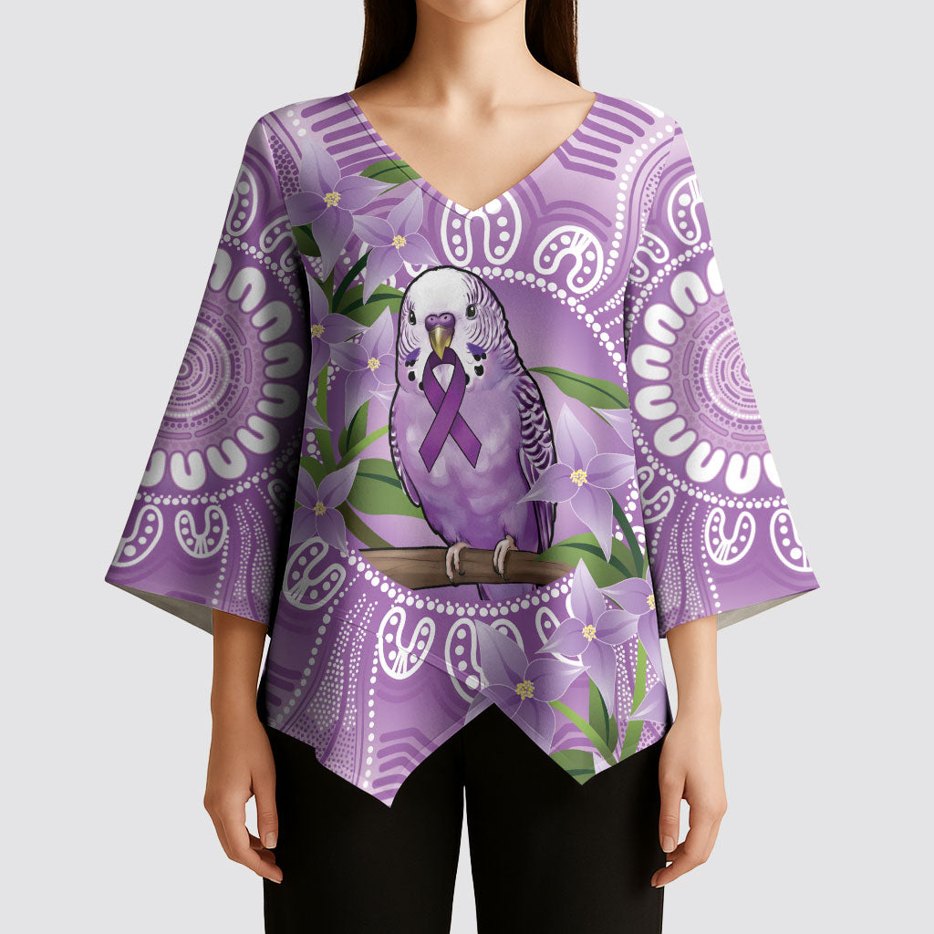Epilepsy Support Budgerigar Australia Kimono Sleeve Blouse Budgie Purple Ribbon Boronia Aboriginal