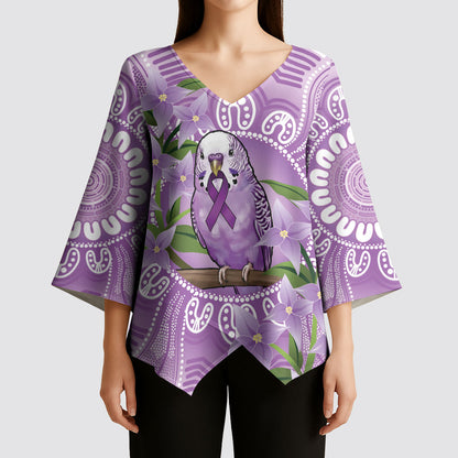 Epilepsy Support Budgerigar Australia Kimono Sleeve Blouse Budgie Purple Ribbon Boronia Aboriginal