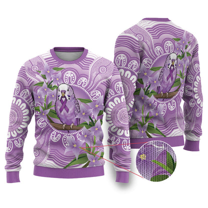 Epilepsy Support Budgerigar Australia Ugly Christmas Sweater Budgie Purple Ribbon Boronia Aboriginal