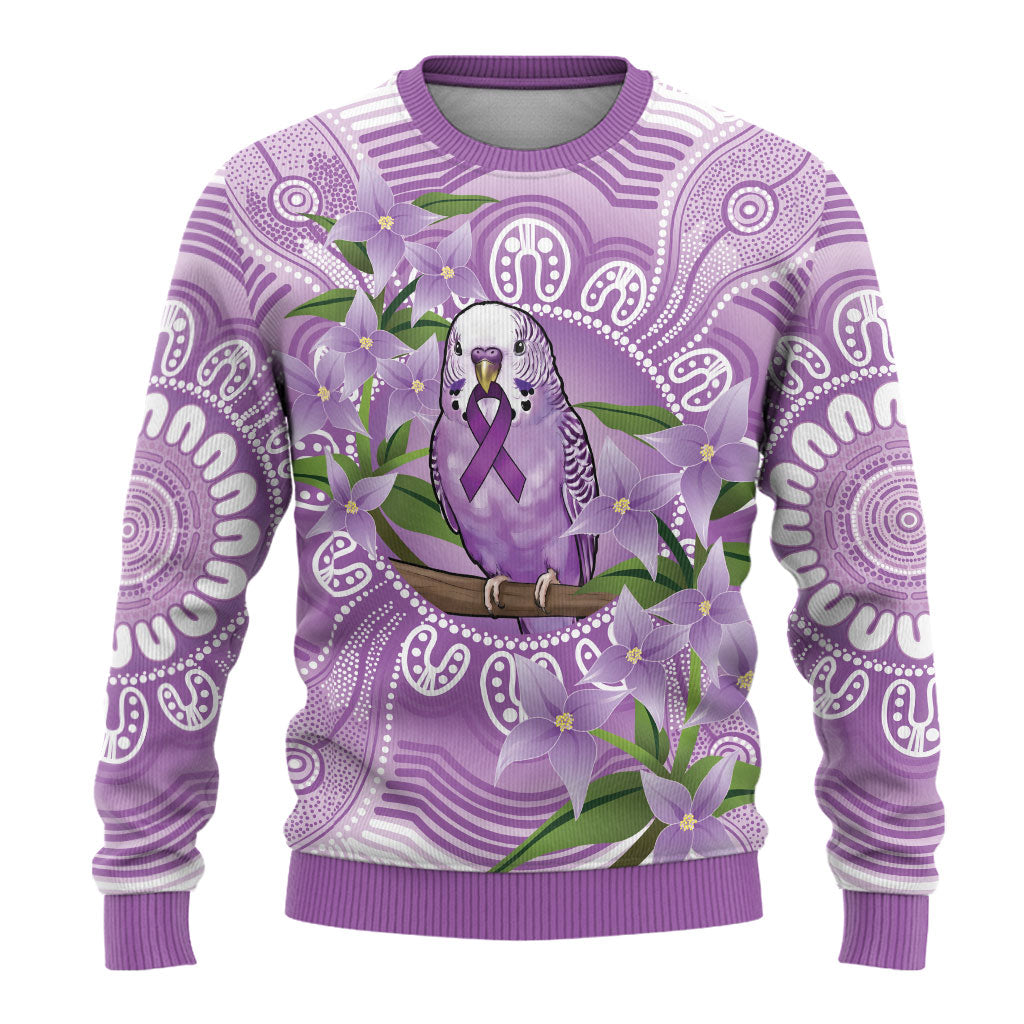 Epilepsy Support Budgerigar Australia Ugly Christmas Sweater Budgie Purple Ribbon Boronia Aboriginal