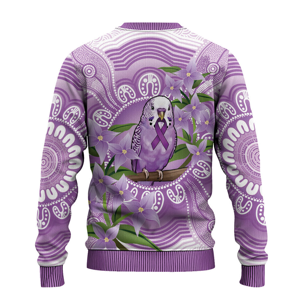 Epilepsy Support Budgerigar Australia Ugly Christmas Sweater Budgie Purple Ribbon Boronia Aboriginal