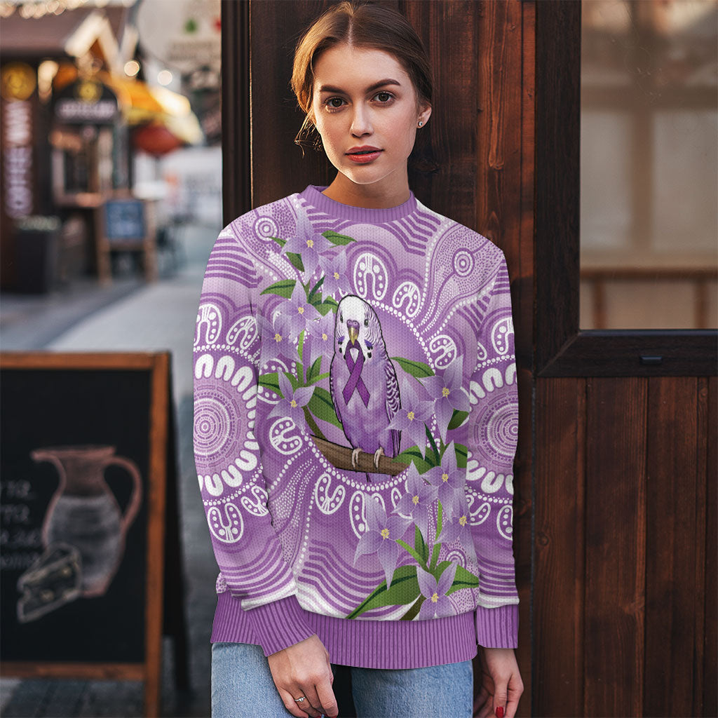 Epilepsy Support Budgerigar Australia Ugly Christmas Sweater Budgie Purple Ribbon Boronia Aboriginal