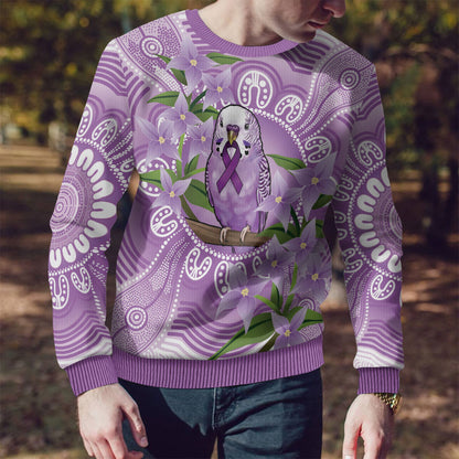 Epilepsy Support Budgerigar Australia Ugly Christmas Sweater Budgie Purple Ribbon Boronia Aboriginal