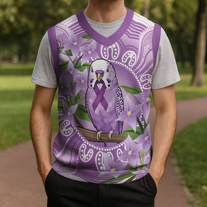 Epilepsy Support Budgerigar Australia Christmas Knitted V-Neck Vest Budgie Purple Ribbon Boronia Aboriginal