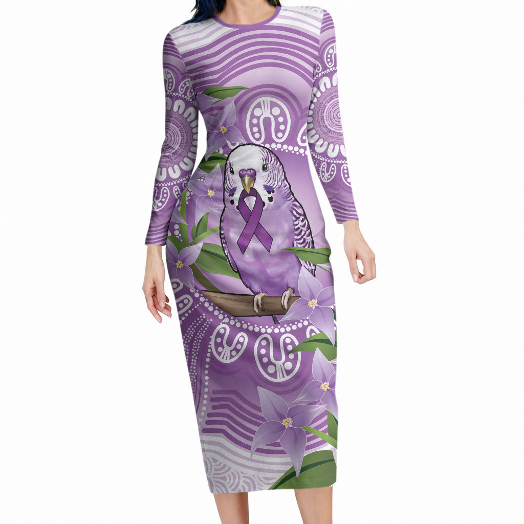 Epilepsy Support Budgerigar Australia Long Sleeve Bodycon Dress Budgie Purple Ribbon Boronia Aboriginal